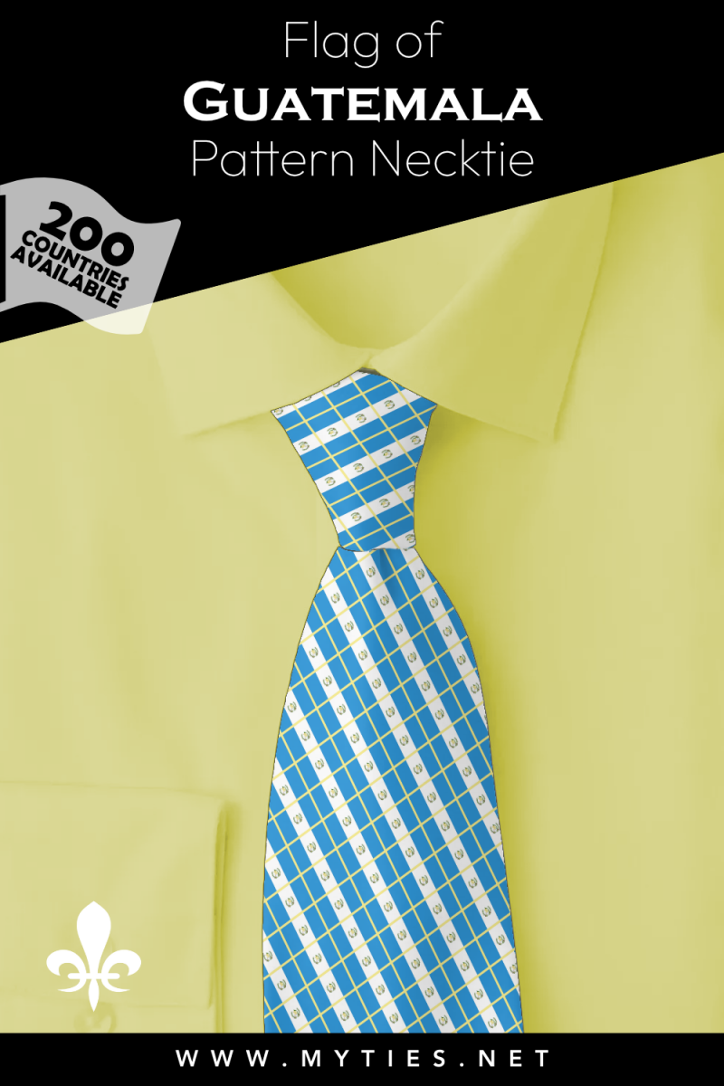Pinterest Pin image: Flag of Guatemala patterned necktie, illustration of Guatemala  flag necktie on folded yellow shirt