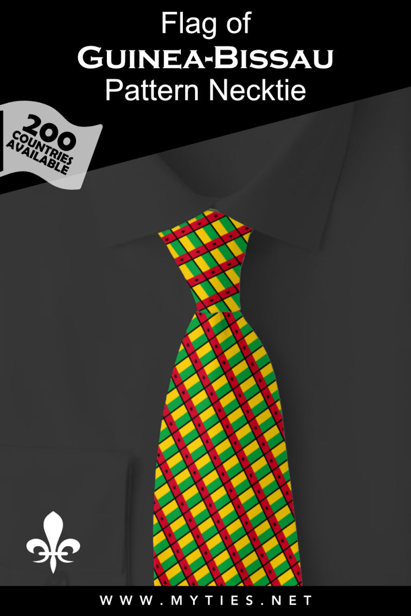 Pinterest Pin image: Flag of Guinea-Bissau patterned necktie, illustration of Guinea-Bissau flag necktie on folded black shirt