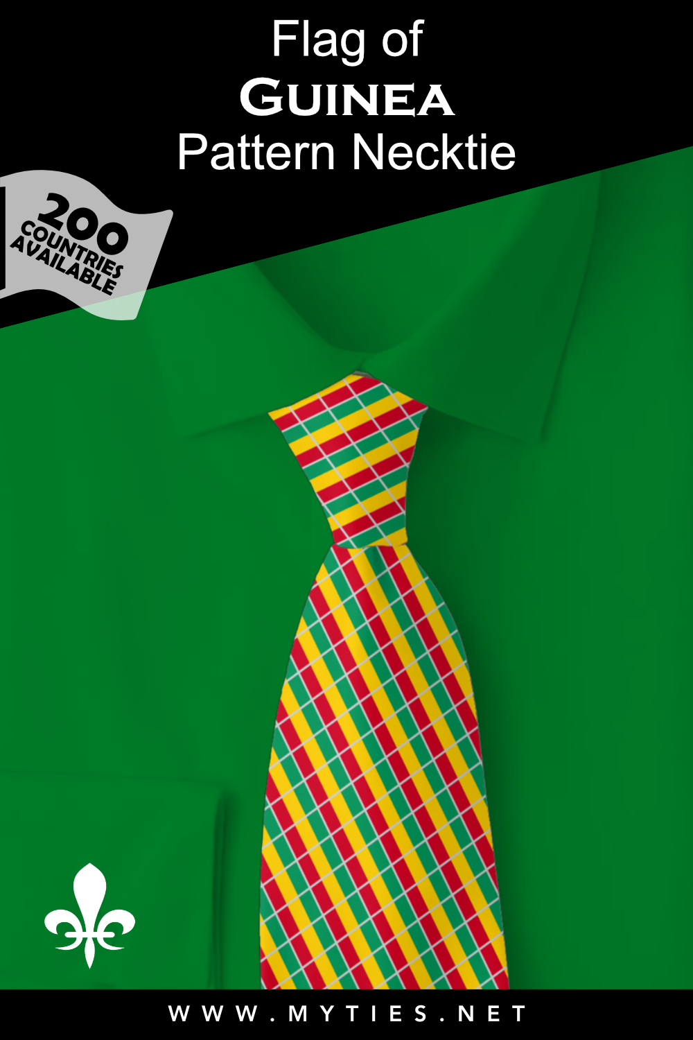 Pinterest Pin image: Flag of Guinea patterned necktie, illustration of Guinea  flag necktie on folded green shirt