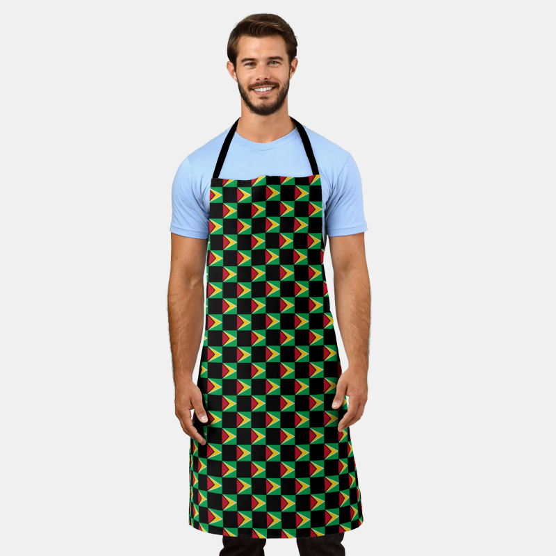 Apron featuring a bold checkered design inspired by the national flag of Guyana.