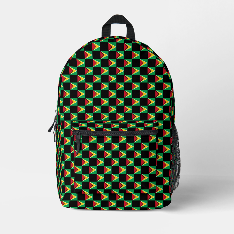 Guyana flag backpack with checkered detailing, blending national pride with everyday function.