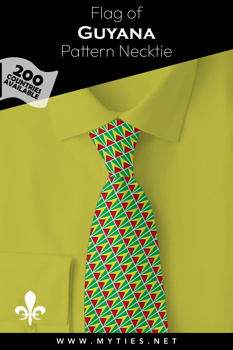 Pinterest Pin image: Flag of Guyana patterned necktie, illustration of Guyana flag necktie on folded yellow shirt