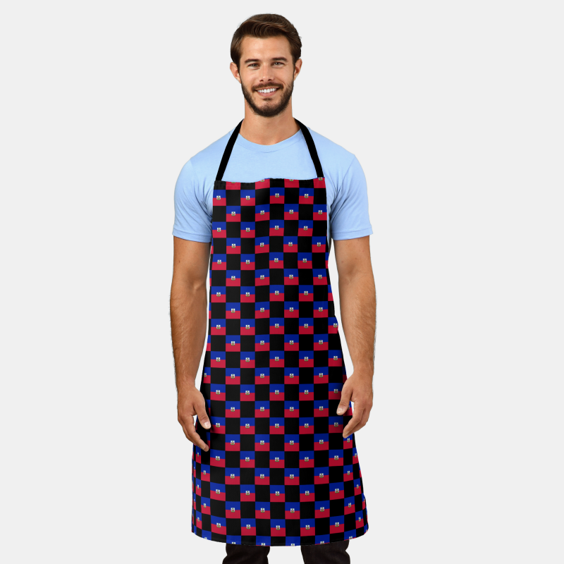 Full-length cooking apron printed with the Haiti flag in a checkered layout.