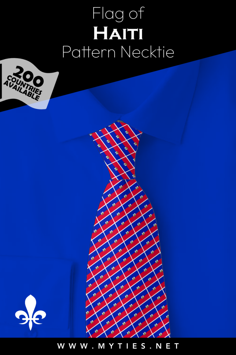 Pinterest Pin image: Flag of Haiti patterned necktie, illustration of Haiti flag necktie on folded blue shirt