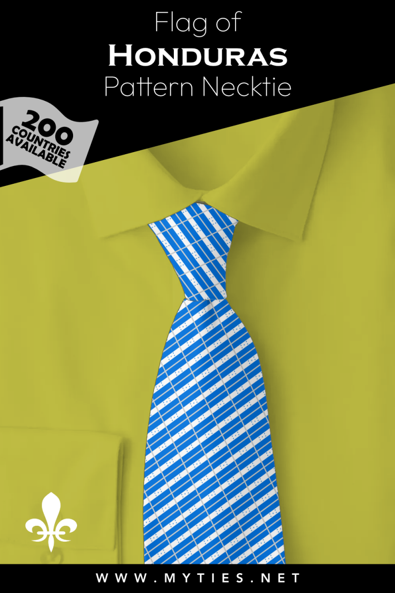 Pinterest Pin image: Flag of Honduras patterned necktie, illustration of Honduras flag necktie on folded yellow shirt