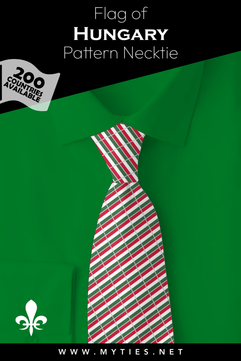 Pinterest Pin image: Flag of Hungary patterned necktie, illustration of Hungary flag necktie on folded green shirt