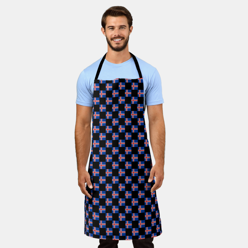 Iceland flag checkered pattern on full-length apron – perfect for the kitchen or grill.