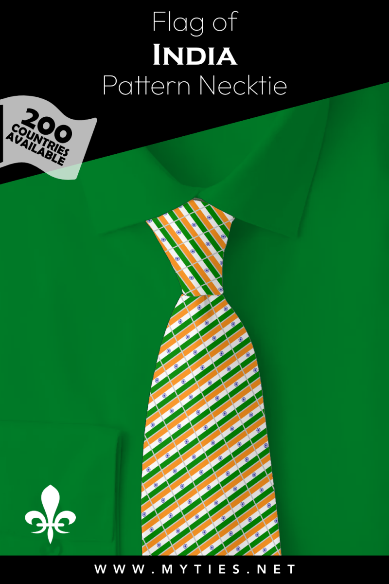 Pinterest Pin image: Flag of India patterned necktie, illustration of India flag necktie on folded green shirt