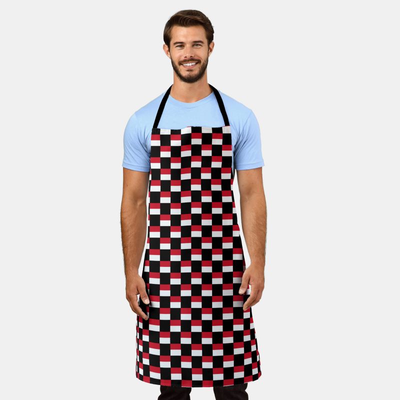 Full-length cooking apron printed with the Indonesia flag in a checkered layout.