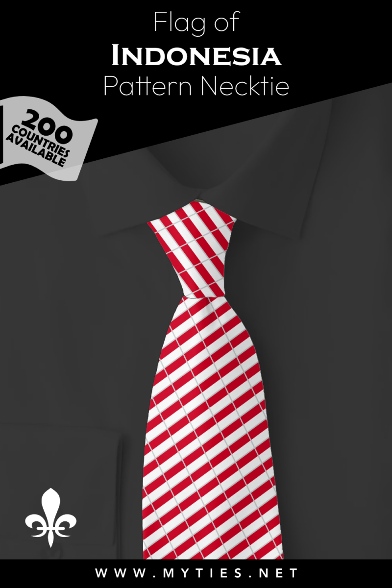 Pinterest Pin image: Flag of Indonesia patterned necktie, illustration of Indonesia flag necktie on folded black shirt