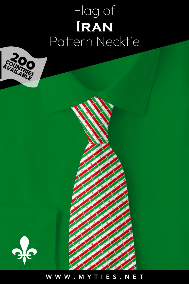 Pinterest Pin image: Flag of Iran patterned necktie, illustration of Iran flag necktie on folded green shirt