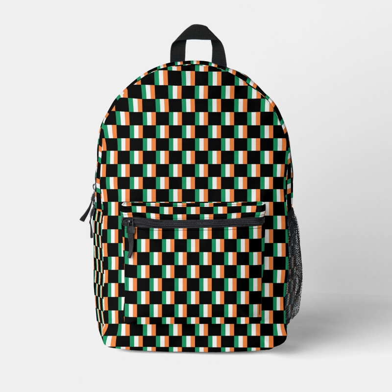 Ireland flag backpack with checkered detailing, blending national pride with everyday function.