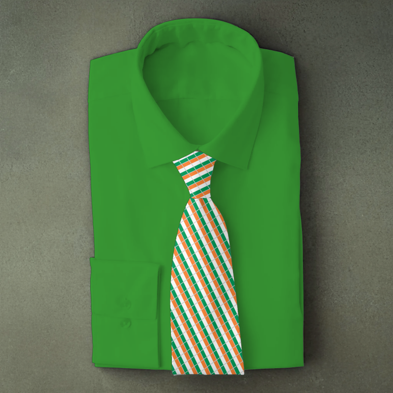 Ireland flag necktie on green folded shirt