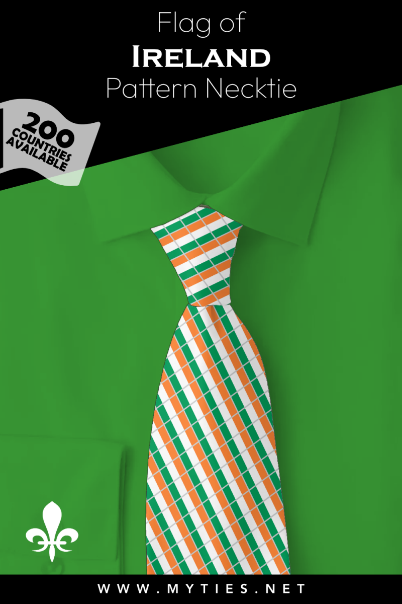 Pinterest Pin image: Flag of Ireland patterned necktie, illustration of Ireland flag necktie on folded green shirt