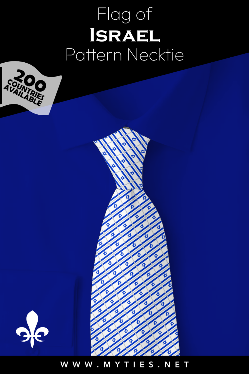 Pinterest Pin image: Flag of Israel patterned necktie, illustration of Israel flag necktie on folded blue shirt