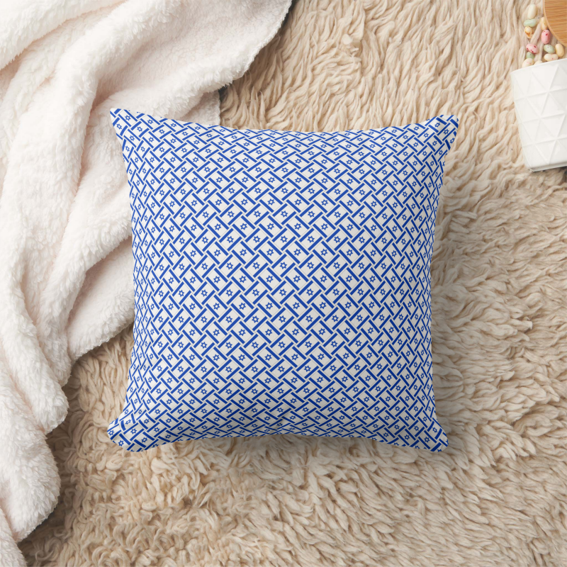 Decorative pillow with a patchwork pattern based on the Israel national flag.