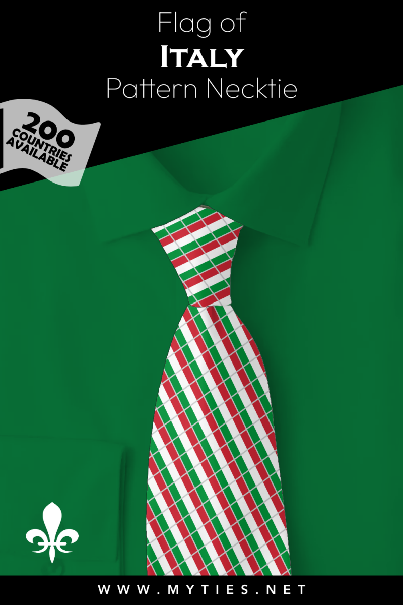 Pinterest Pin image: Flag of Italy patterned necktie, illustration of Italy flag necktie on folded green shirt