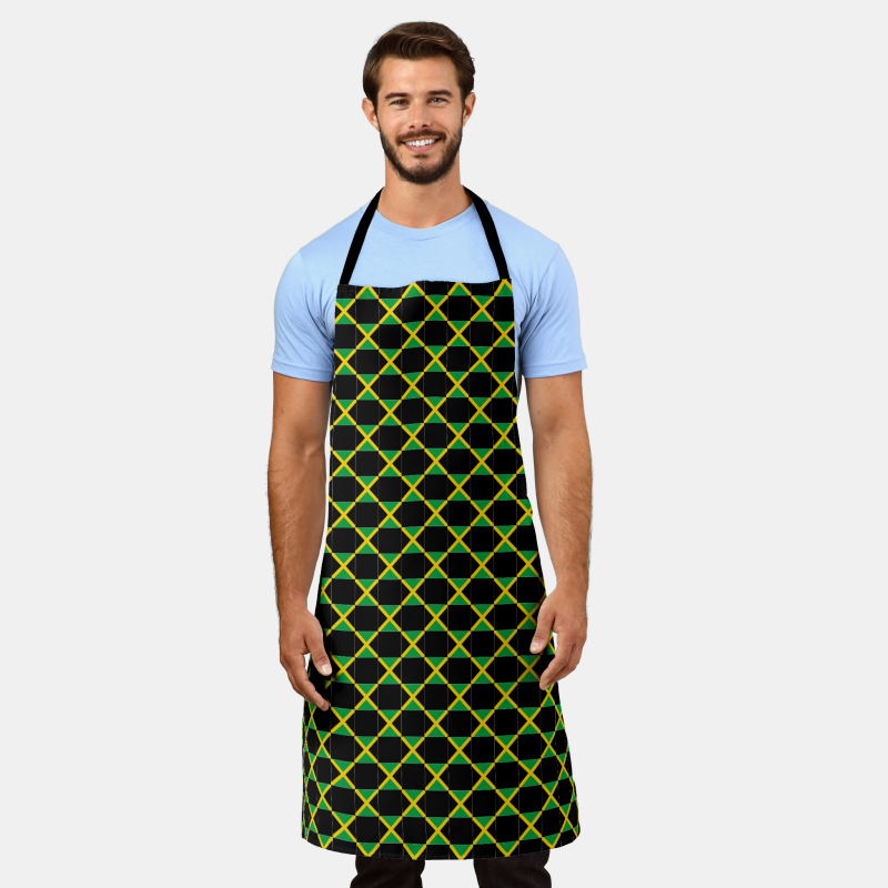 Jamaica flag apron with checkered flag motif, ideal for grilling or kitchen use.