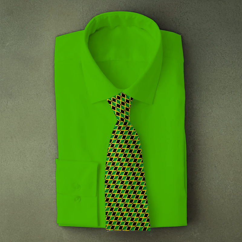 Jamaica flag necktie on green folded shirt