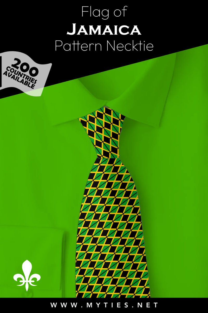 Pinterest Pin image: Flag of Jamaica patterned necktie, illustration of Jamaica flag necktie on folded green shirt