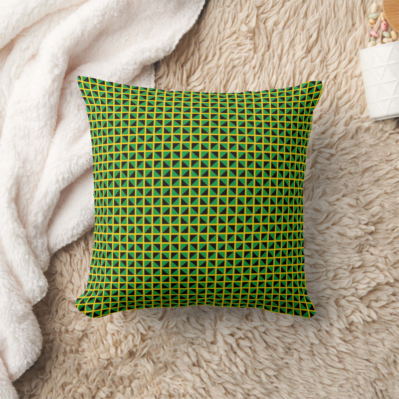 Accent pillow showcasing the Jamaica flag in a contemporary patchwork layout.