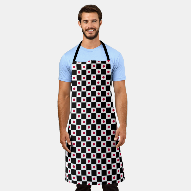 Stylish apron decorated with a checkered Japan flag pattern, designed for home chefs and BBQ fans.
