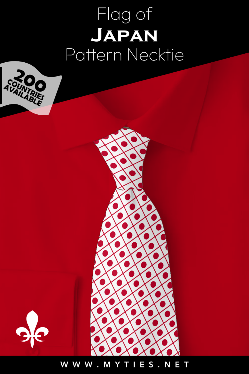Pinterest Pin image: Flag of Japan patterned necktie, illustration of Japan flag necktie on folded red shirt