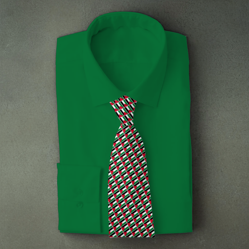 Jordan flag necktie on green folded shirt