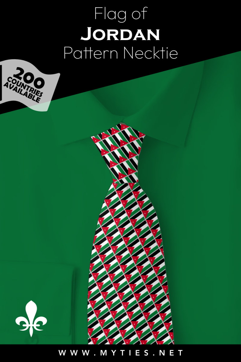 Pinterest Pin image: Flag of Jordan patterned necktie, illustration of Jordan flag necktie on folded green shirt