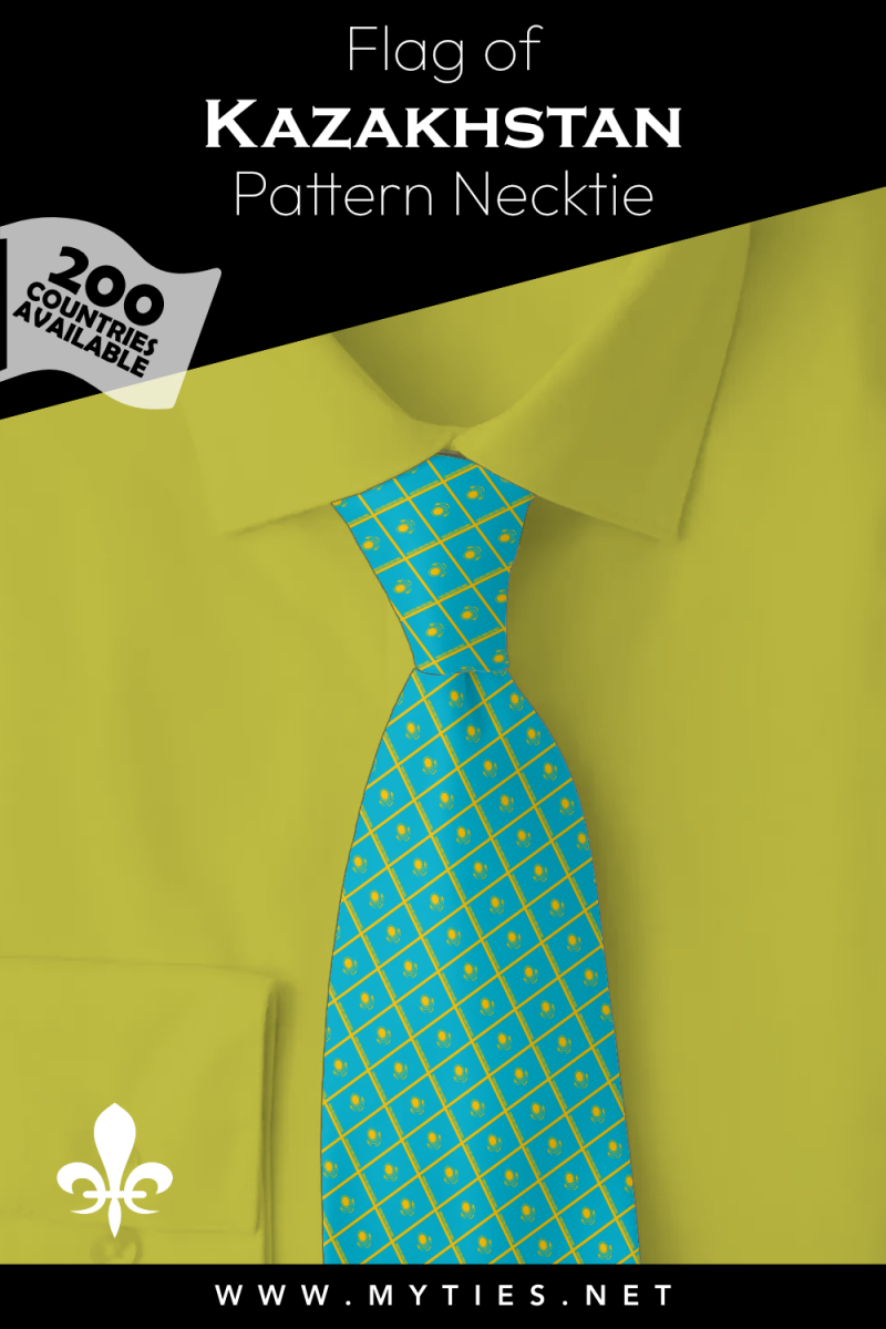 Pinterest Pin image: Flag of Kazakhstan patterned necktie, illustration of Kazakhstan flag necktie on folded yellow shirt
