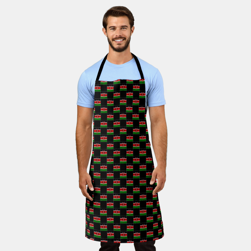 Full-length cooking apron printed with the Kenya flag in a checkered layout.
