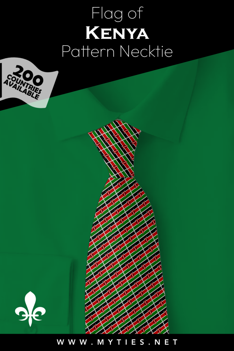 Pinterest Pin image: Flag of Kenya patterned necktie, illustration of Kenya flag necktie on folded green shirt