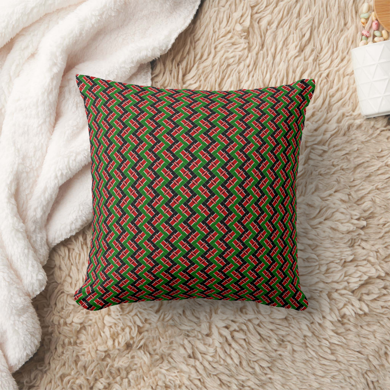 Square pillow printed with a stylized Kenya flag in a bold, modern design.