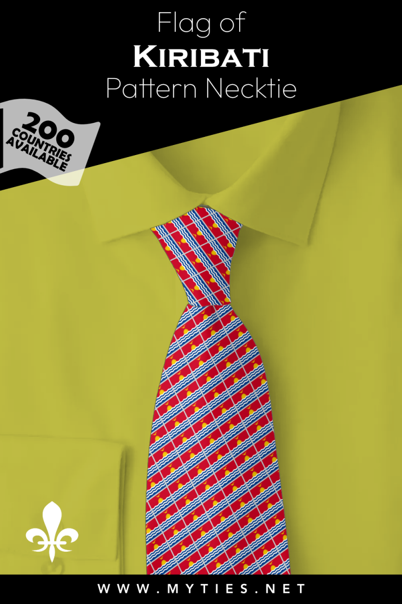 Pinterest Pin image: Flag of Kiribati patterned necktie, illustration of Kiribati flag necktie on folded yellow shirt