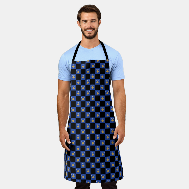 Stylish apron decorated with a checkered Kosovo flag pattern, designed for home chefs and BBQ fans.