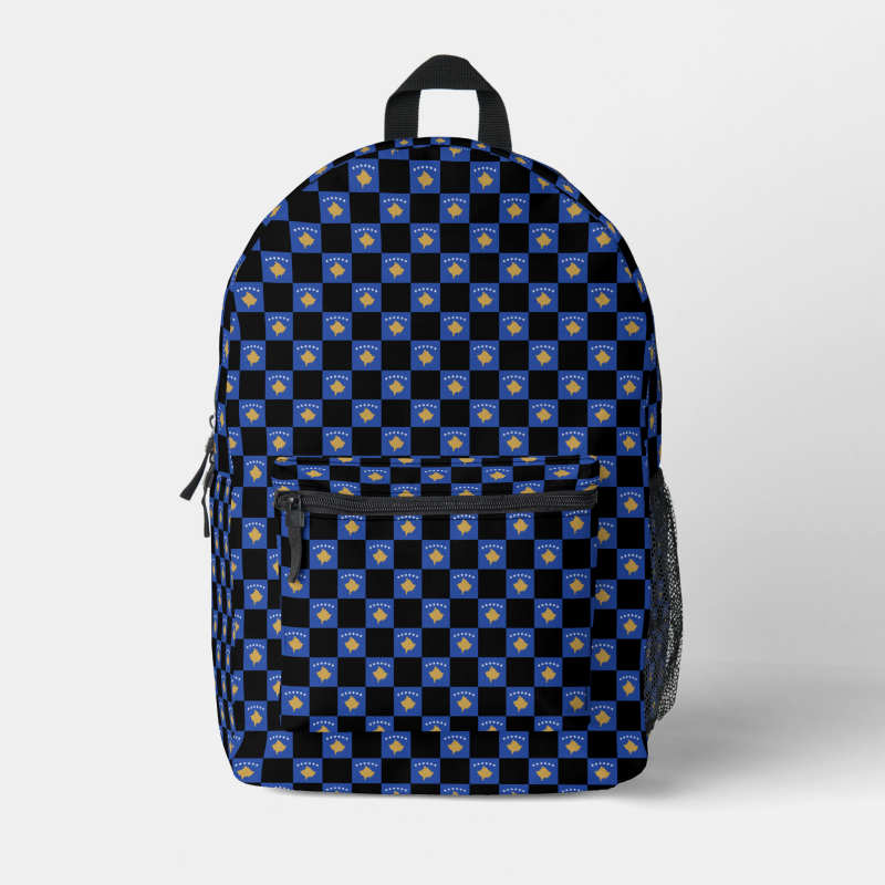 Kosovo flag backpack with checkered detailing, blending national pride with everyday function.