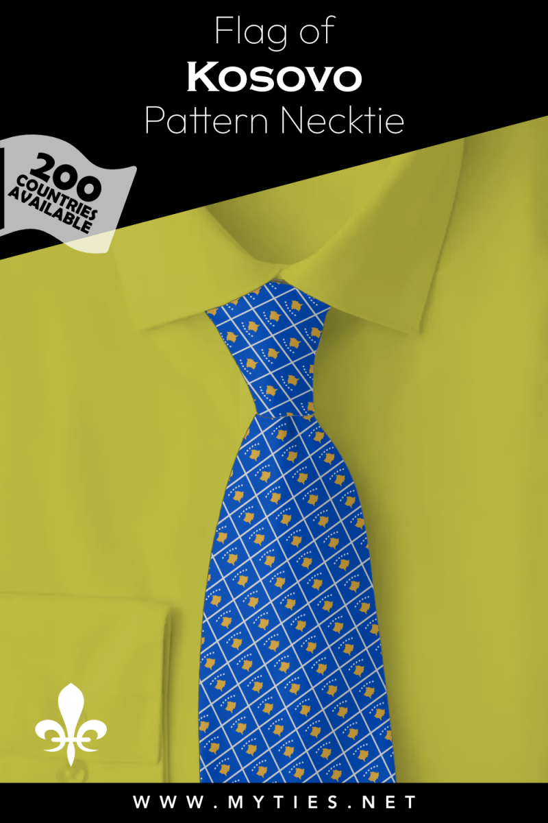Pinterest Pin image: Flag of Kosovo patterned necktie, illustration of Kosovo flag necktie on folded gold or yellow shirt