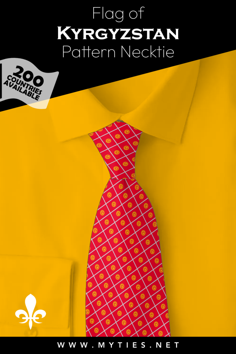 Pinterest Pin image: Flag of Kyrgyzstan patterned necktie, illustration of Kyrgyzstan flag necktie on folded yellow shirt