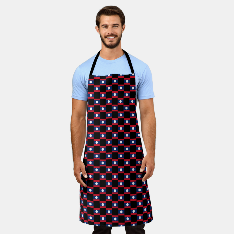 Full-length cooking apron printed with the Laos flag in a checkered layout.