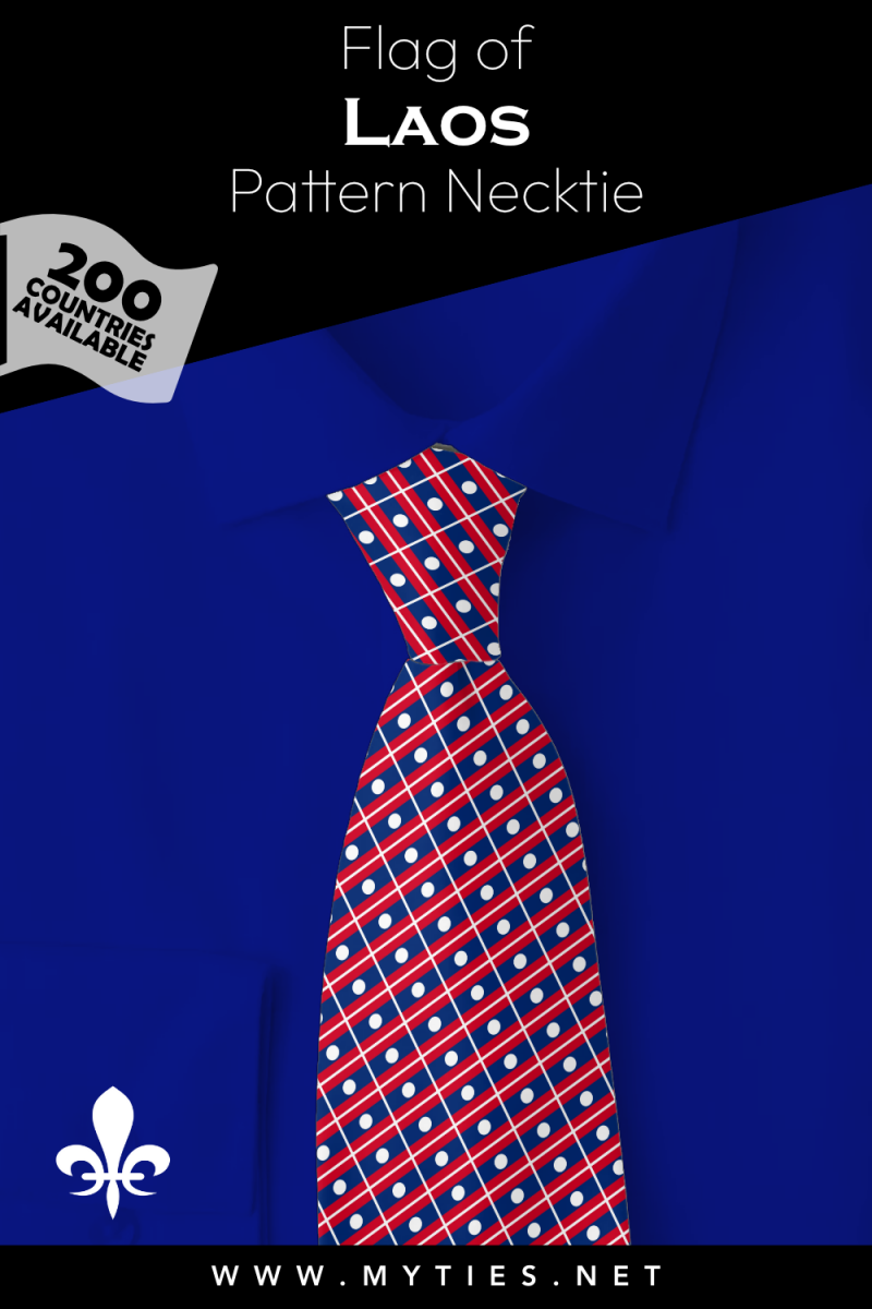 Pinterest Pin image: Flag of Laos patterned necktie, illustration of Laos flag necktie on folded blue shirt