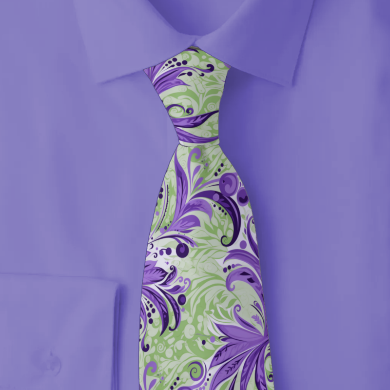 lavender and lime botanical pattern necktie on a folded lavender shirt