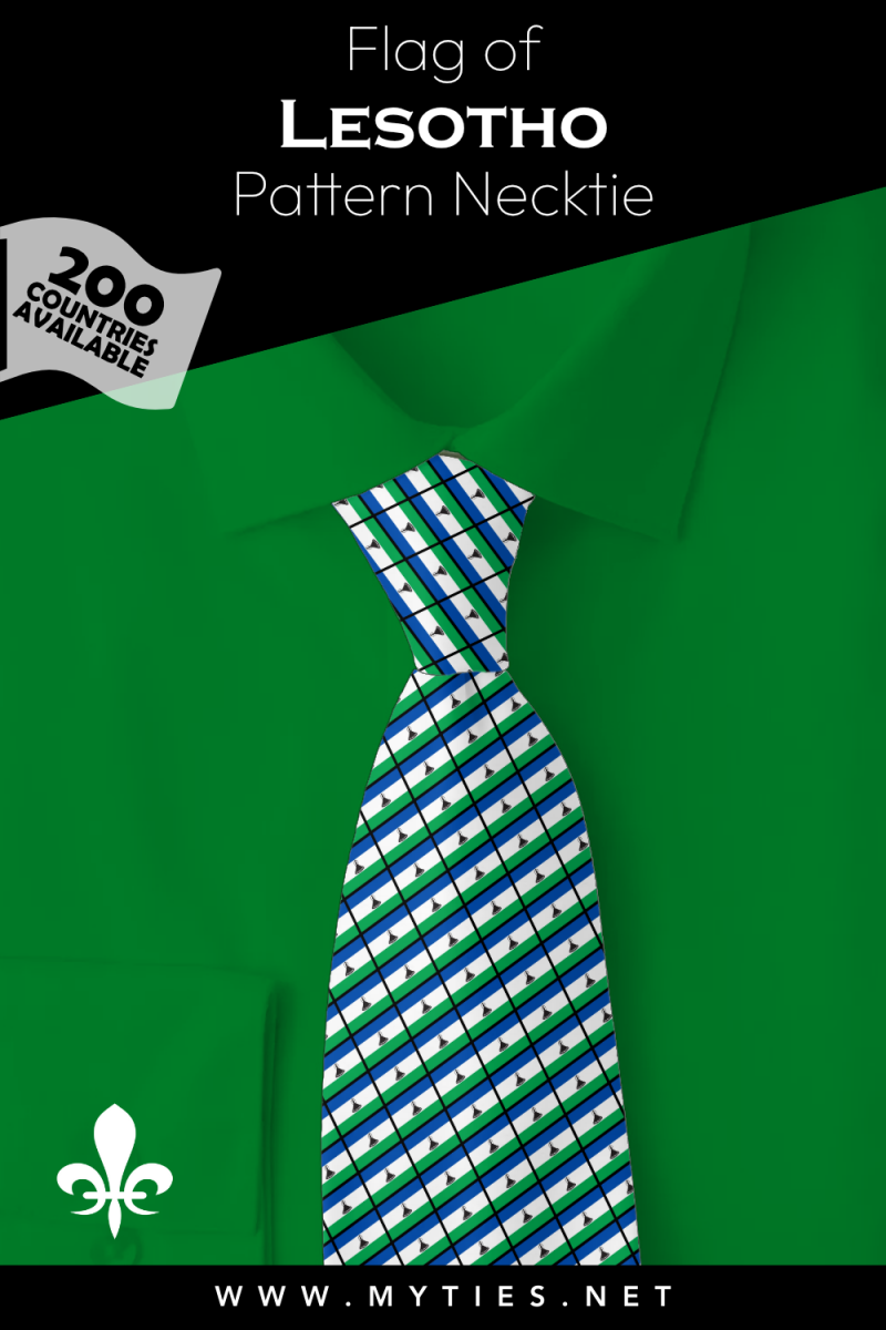 Pinterest Pin image: Flag of Lesotho patterned necktie, illustration of Lesotho flag necktie on folded green shirt
