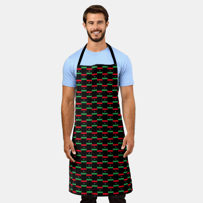 Full-length cooking apron printed with the Libya flag in a checkered layout.