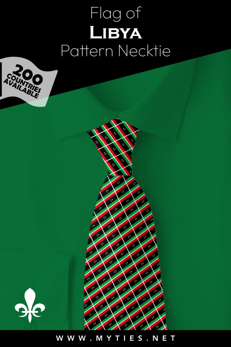 Pinterest Pin image: Flag of Libya patterned necktie, illustration of Libya flag necktie on folded green shirt