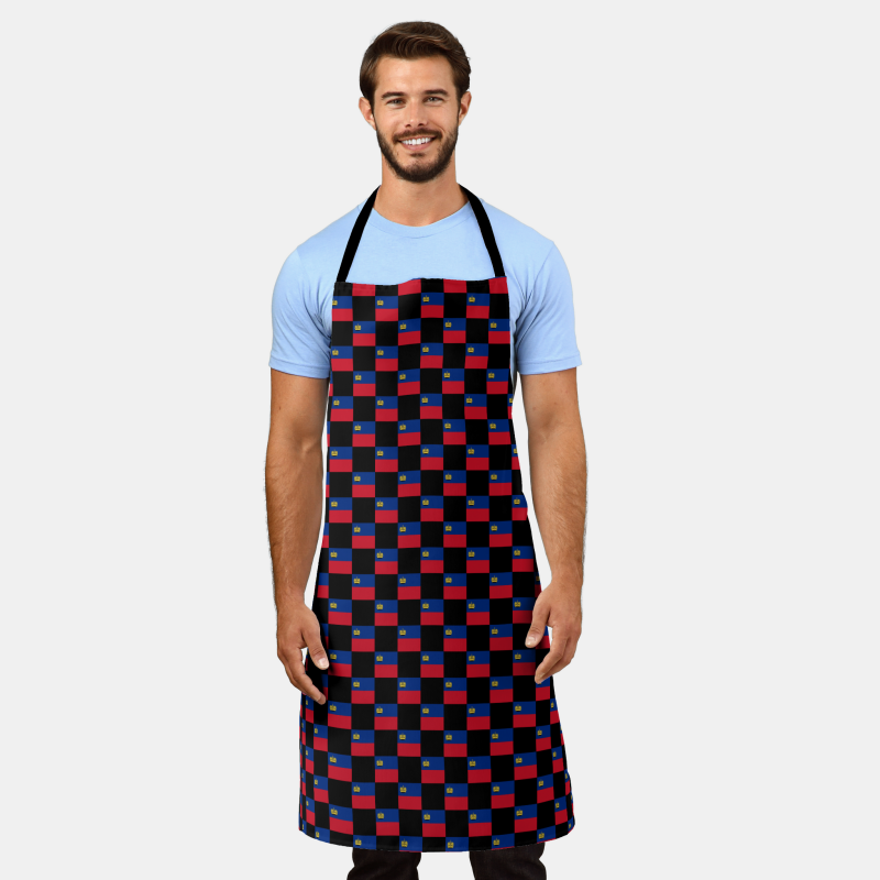 Liechtenstein flag apron with checkered flag motif, ideal for grilling or kitchen use.