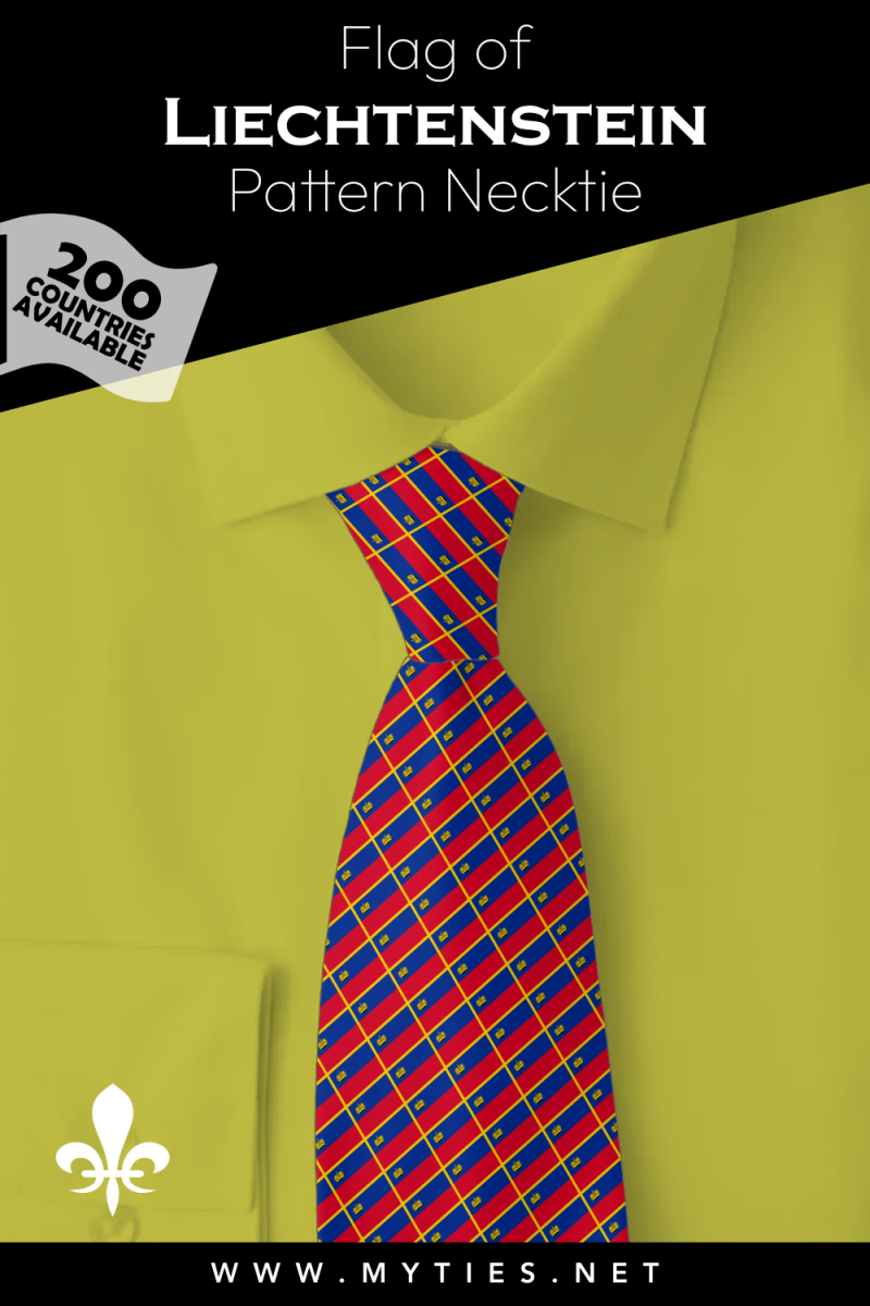 Pinterest Pin image: Flag of Liechtenstein patterned necktie, illustration of Liechtenstein flag necktie on folded yellow shirt