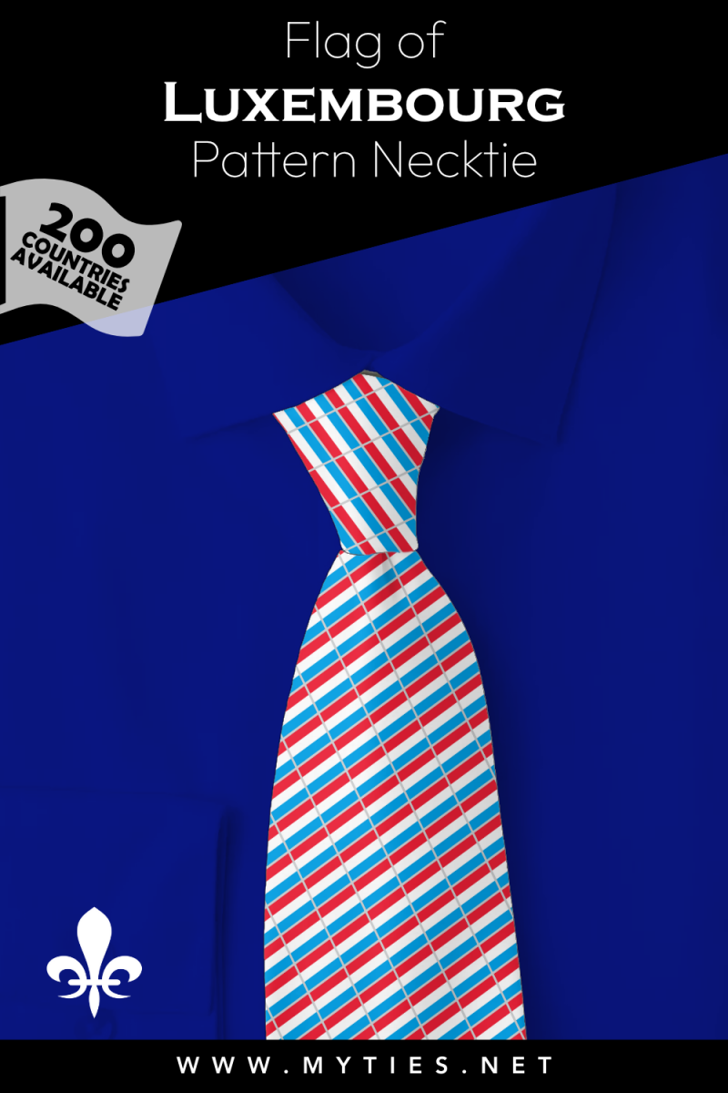Pinterest Pin image: Flag of Luxembourg patterned necktie, illustration of Luxembourg flag necktie on folded blue shirt