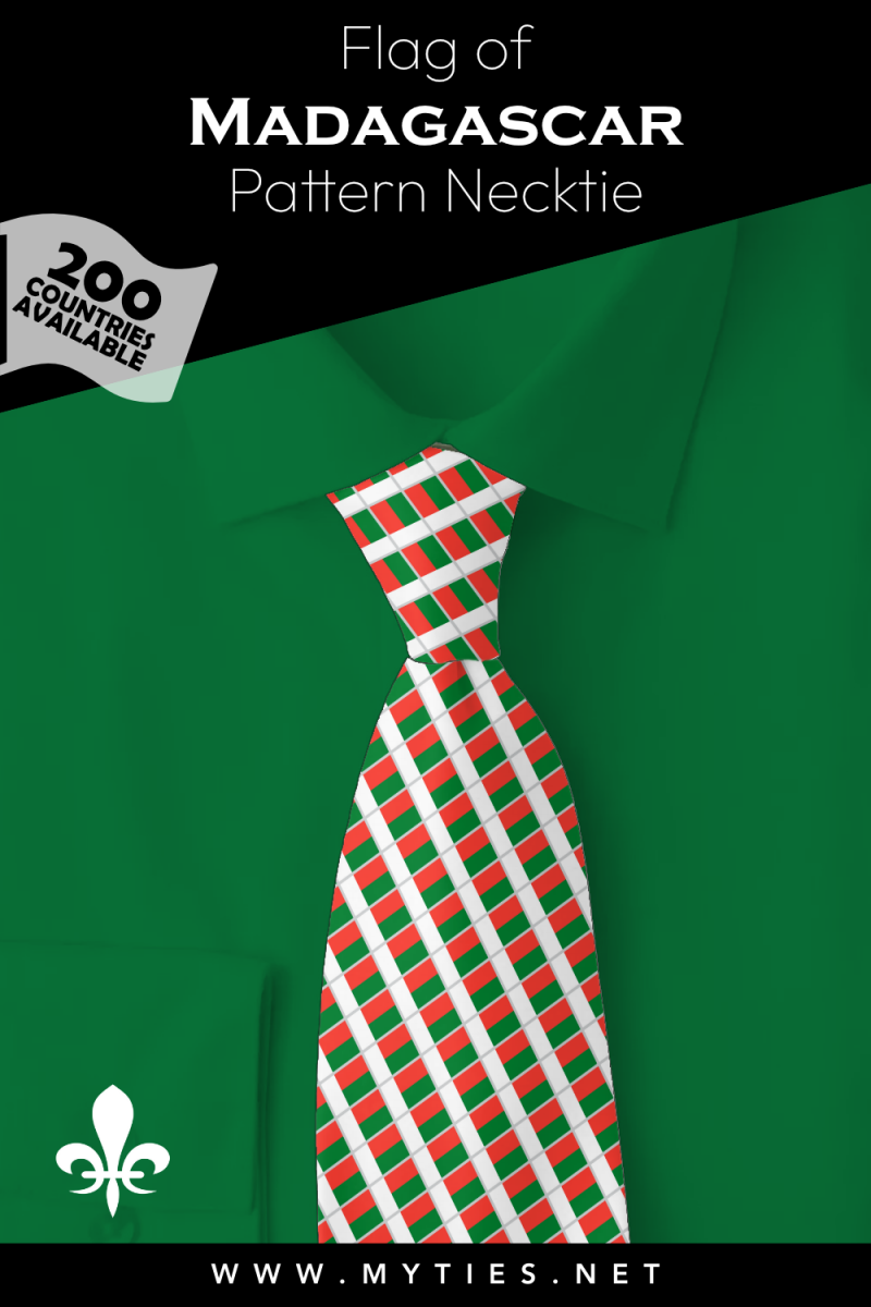 Pinterest Pin image: Flag of Madagascar patterned necktie, illustration of Madagascar flag necktie on folded green shirt