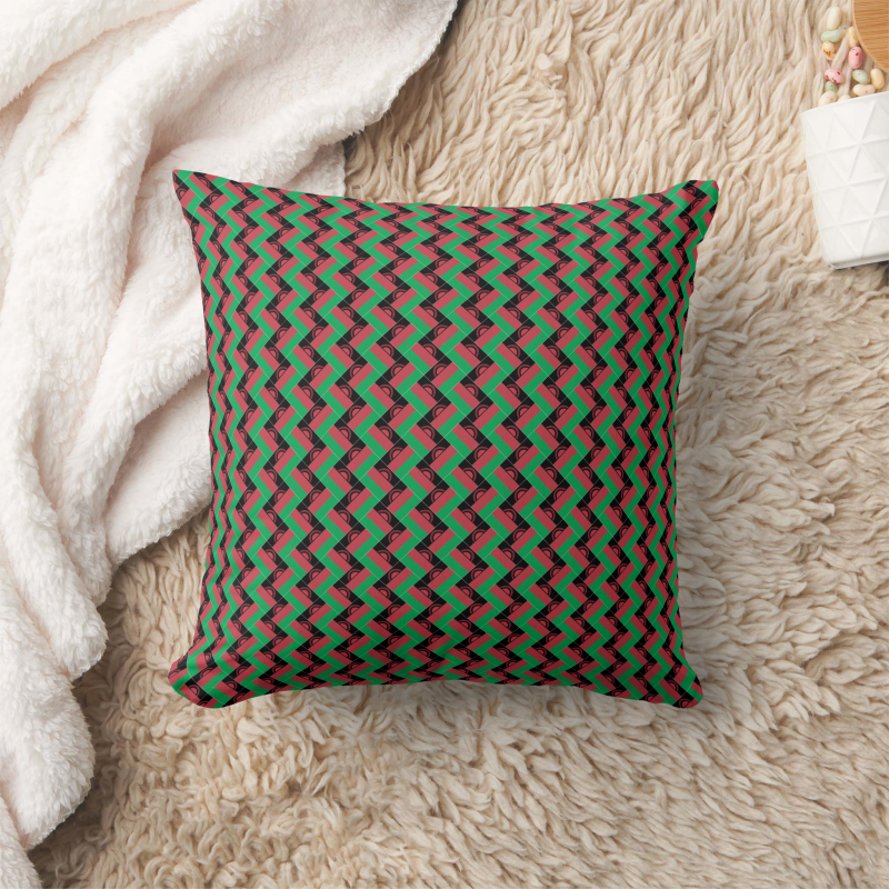 Square pillow printed with a stylized Malawi flag in a bold, modern design.