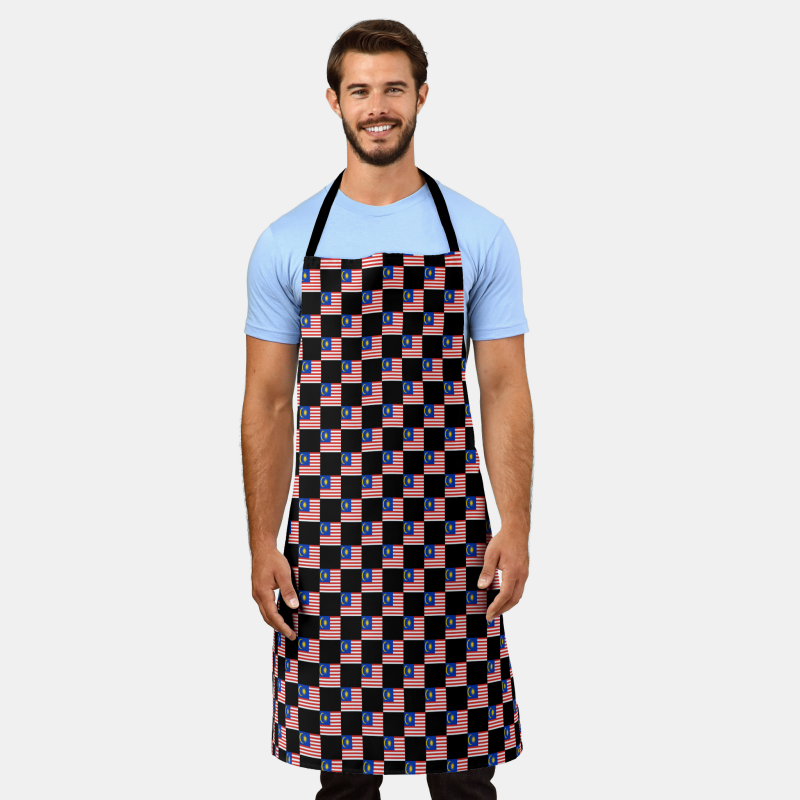Malaysia flag apron with checkered flag motif, ideal for grilling or kitchen use.
